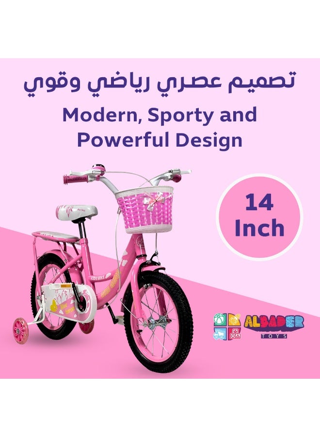 البدر دراجة فري ستايل للاطفال من البدر مقاس 14 انش بتصميم عصري للبنات بعمر 5-8 سنوات، لون بينك، مع مقعدين وسلة، عجلات تدريب مضيئة، اطارات هوائية انش، اطفال، زهري - Image 2